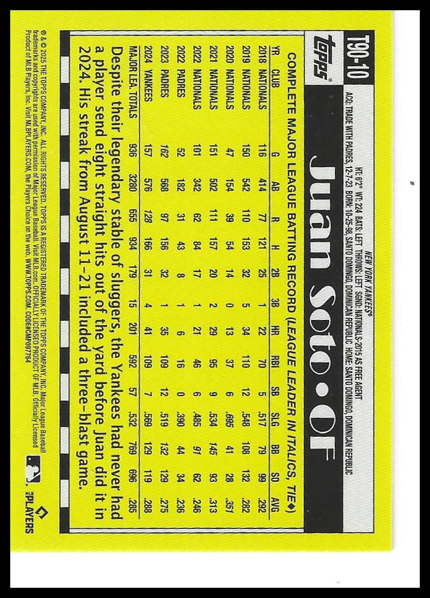 2025 Topps #T90-10 Juan Soto 1990 Topps Baseball 35th Anniversary (Series One)