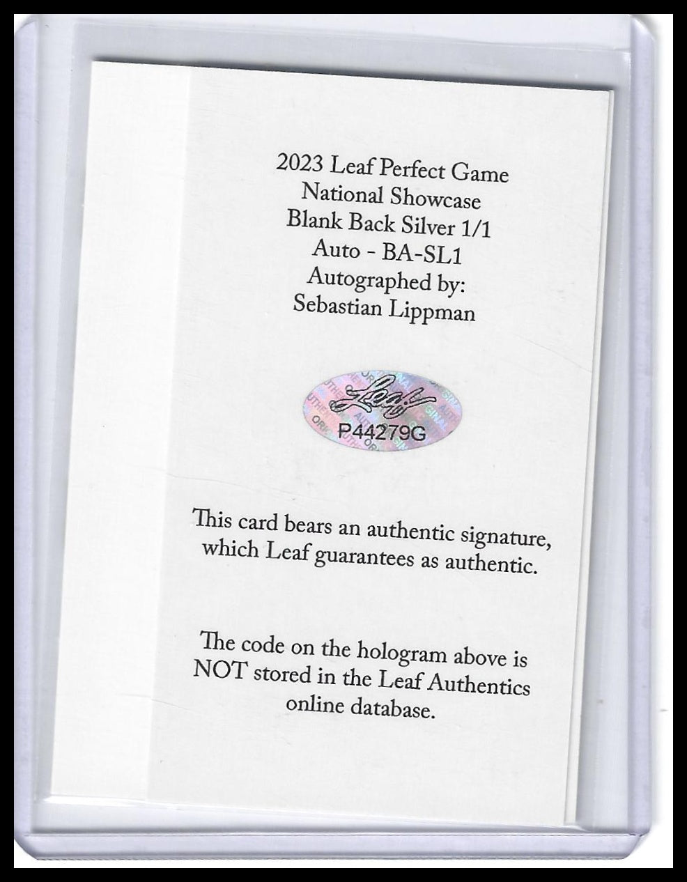 2023 Leaf Metal Perfect Game #BA-SL1 Sebastian Lippman Blank Back Silver #/1