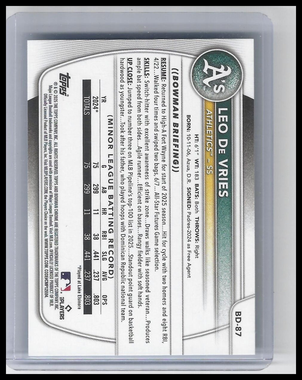 2025 Bowman Draft #BD-87 Leo De Vries Sky Blue Border #/499