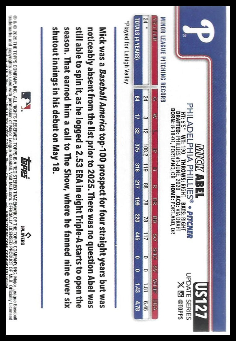 2025 Topps Update #US127 Mick Abel Pink Diamante Foil