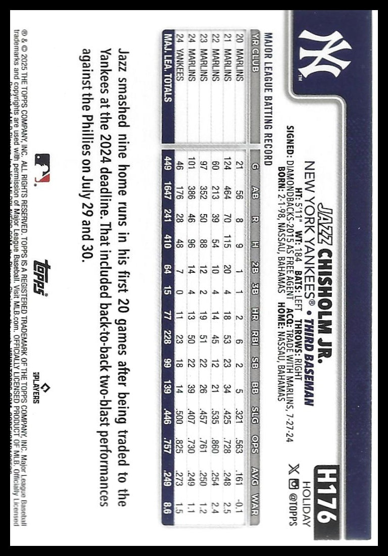 2025 Topps Holiday #H176 Jazz Chisholm Jr. Blue Metallic Holiday Lights