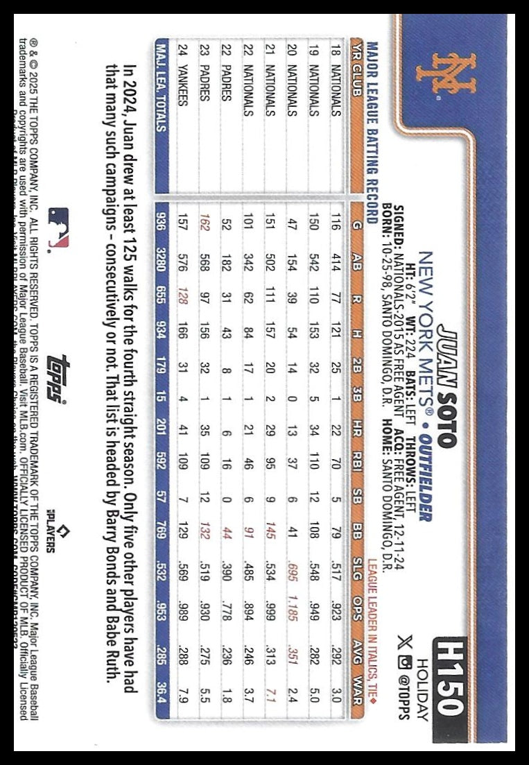 2025 Topps Holiday #H150 Juan Soto candy cane bat