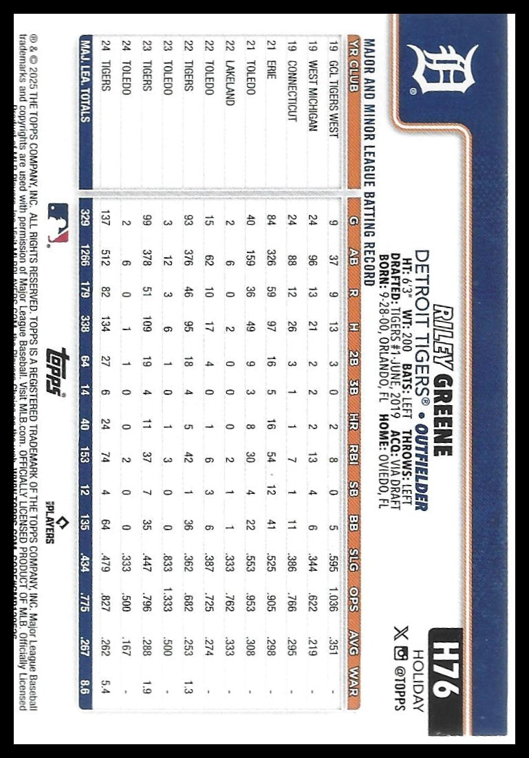 2025 Topps Holiday #H76 Riley Greene Blue Metallic Holiday Lights