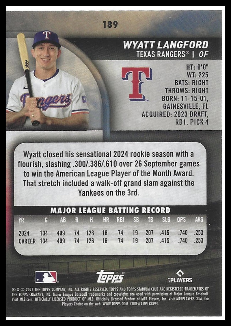 2025 Stadium Club #189 Wyatt Langford Pink Foil