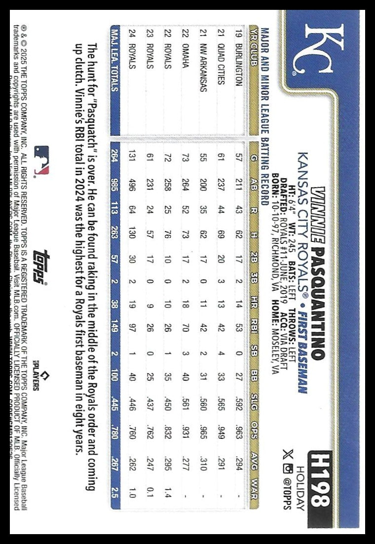 2025 Topps Holiday #H198 Vinnie Pasquantino Blue Metallic Glitter Holiday