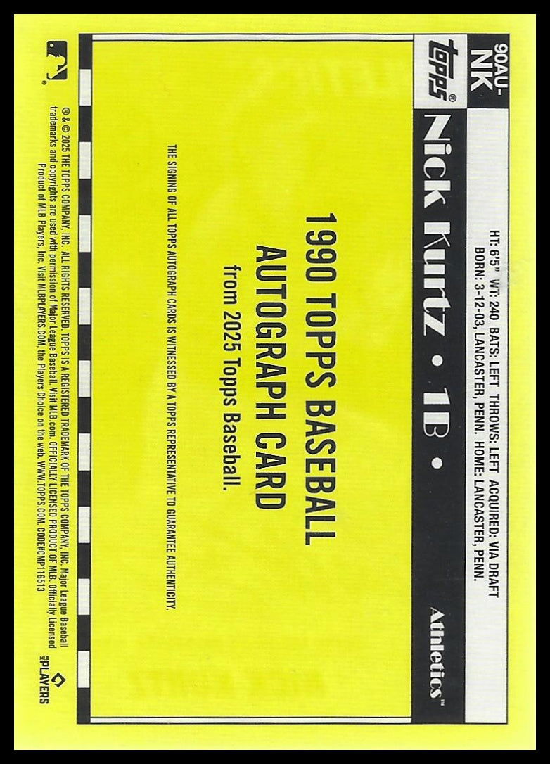 2025 Topps #90AU-NK Nick Kurtz 1990 35th Anniversary Auto Green #/99