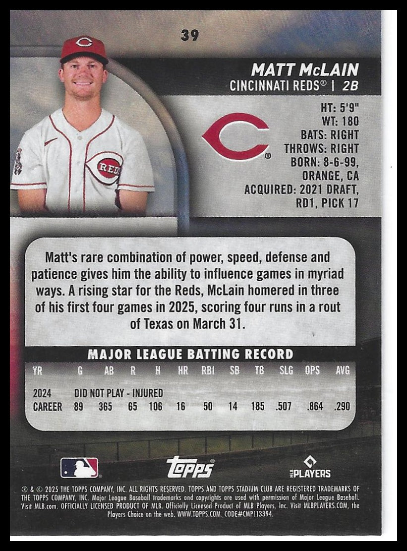 2025 Stadium Club #39 Matt McLain Pink Foil