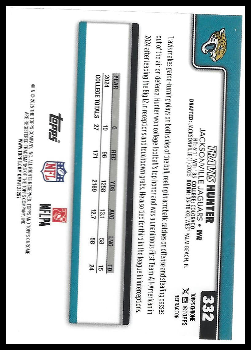2025 Topps Chrome #332 Travis Hunter Refractor