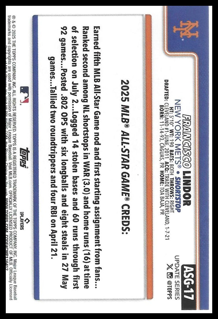 2025 Topps Chrome Update #ASGC-13 Francisco Lindor 2025 All-Star Game