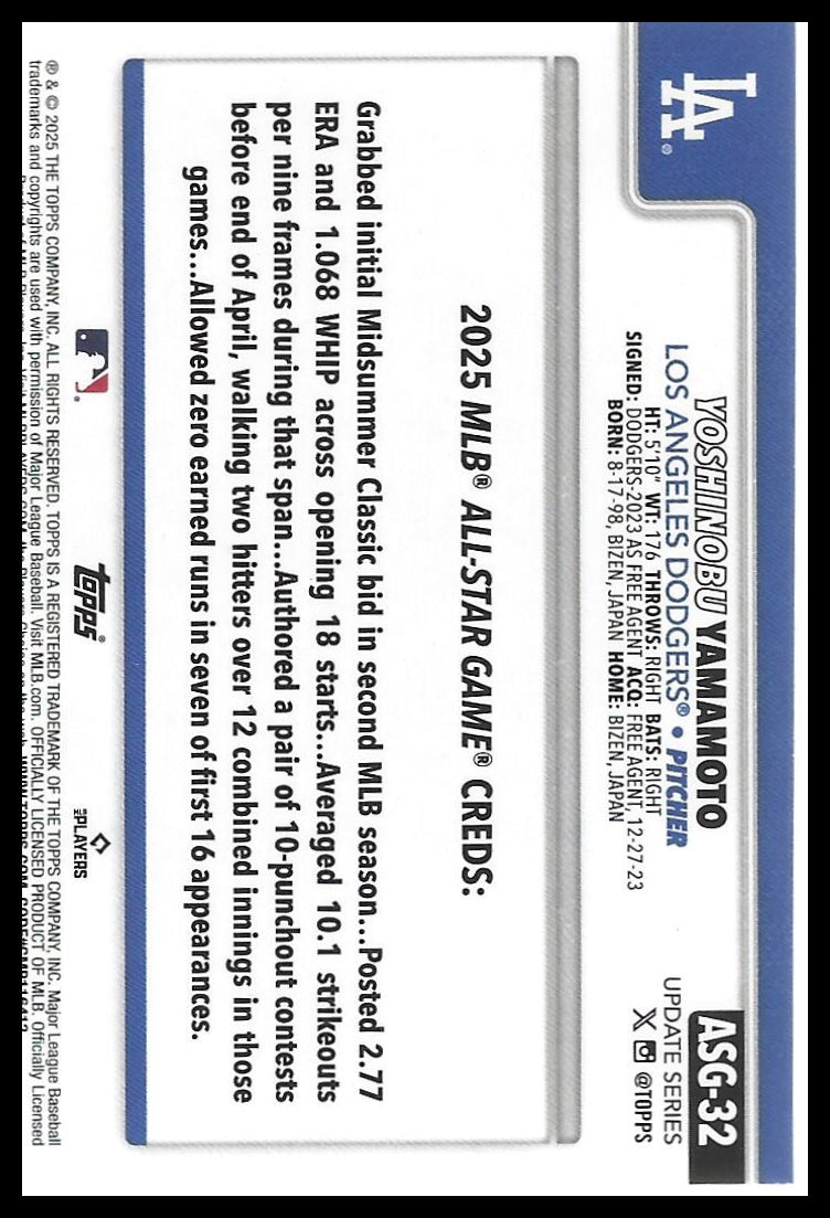 2025 Topps Update #ASG-32 Yoshinobu Yamamoto 2025 All-Star Game