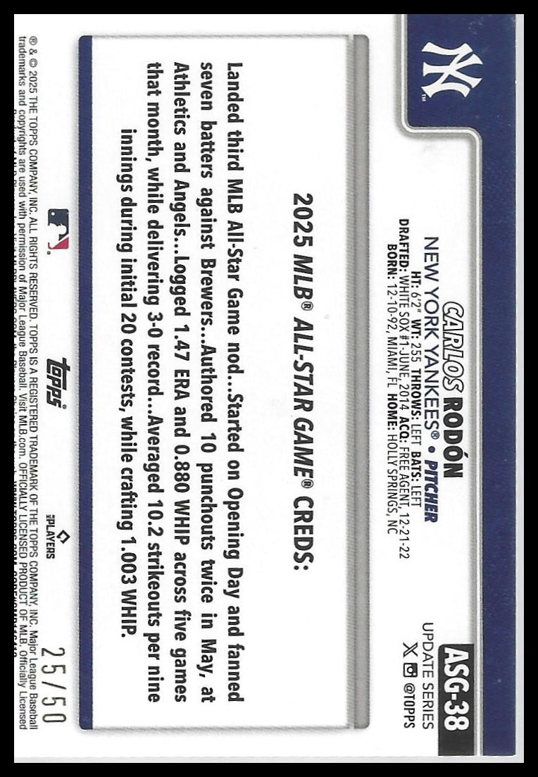 2025 Topps Update #ASG-38 Carlos Rodón 2025 All-Star Game Gold Foil #/50