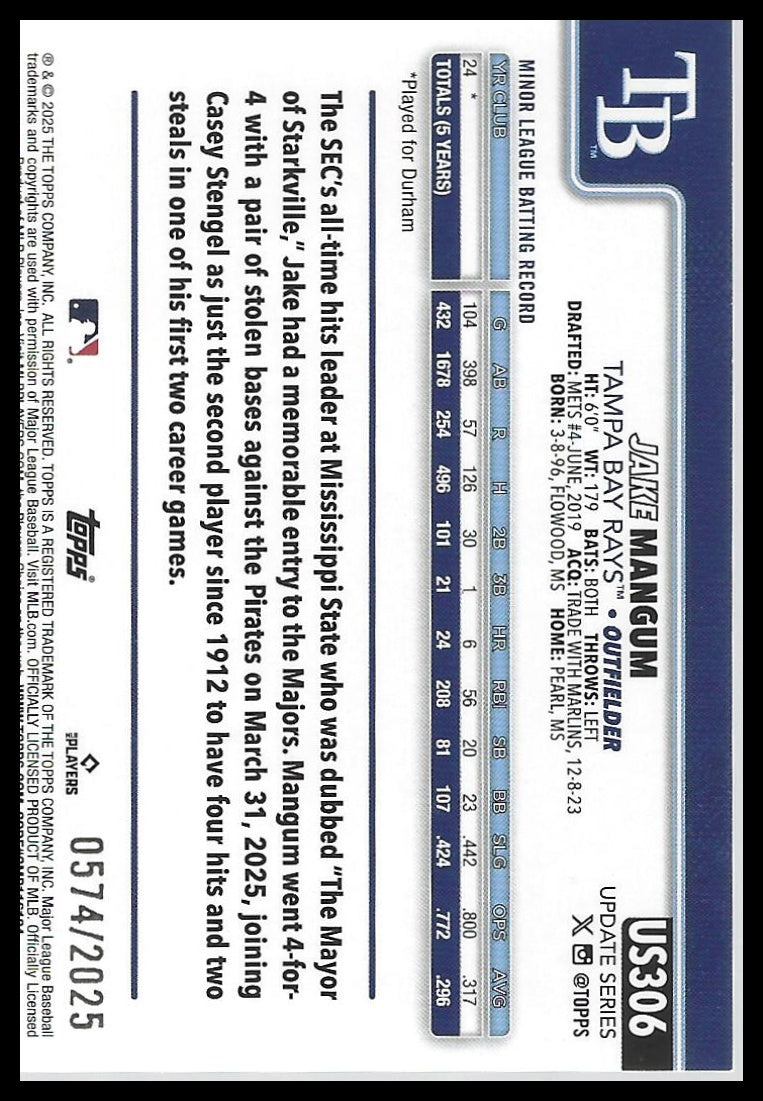 2025 Topps Update #US306 Jake Mangum Gold #/2025