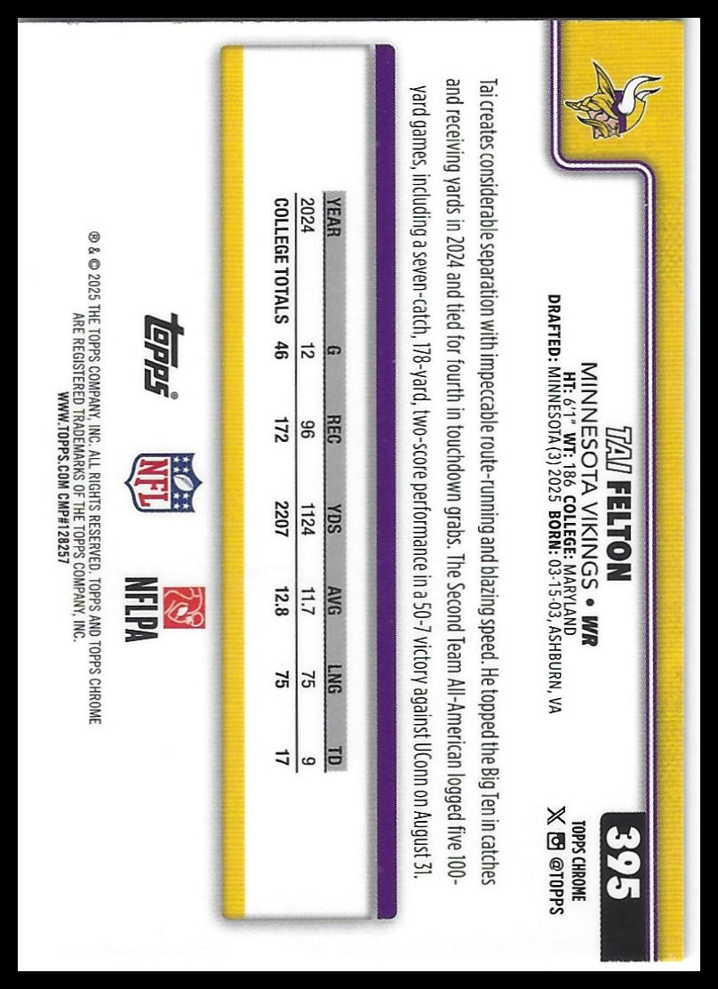 2025 Topps Chrome #395 Tai Felton X-Fractor