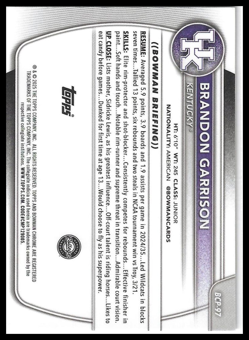 2025-26 Bowman #BCP-97 Brandon Garrison Chrome Prospects