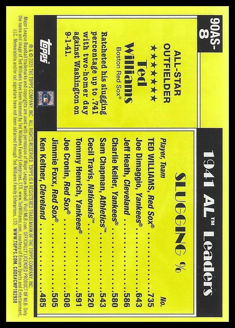 2025 Topps #90AS-8a Ted Williams 1990 Topps Baseball 35th Anniversary All-Stars