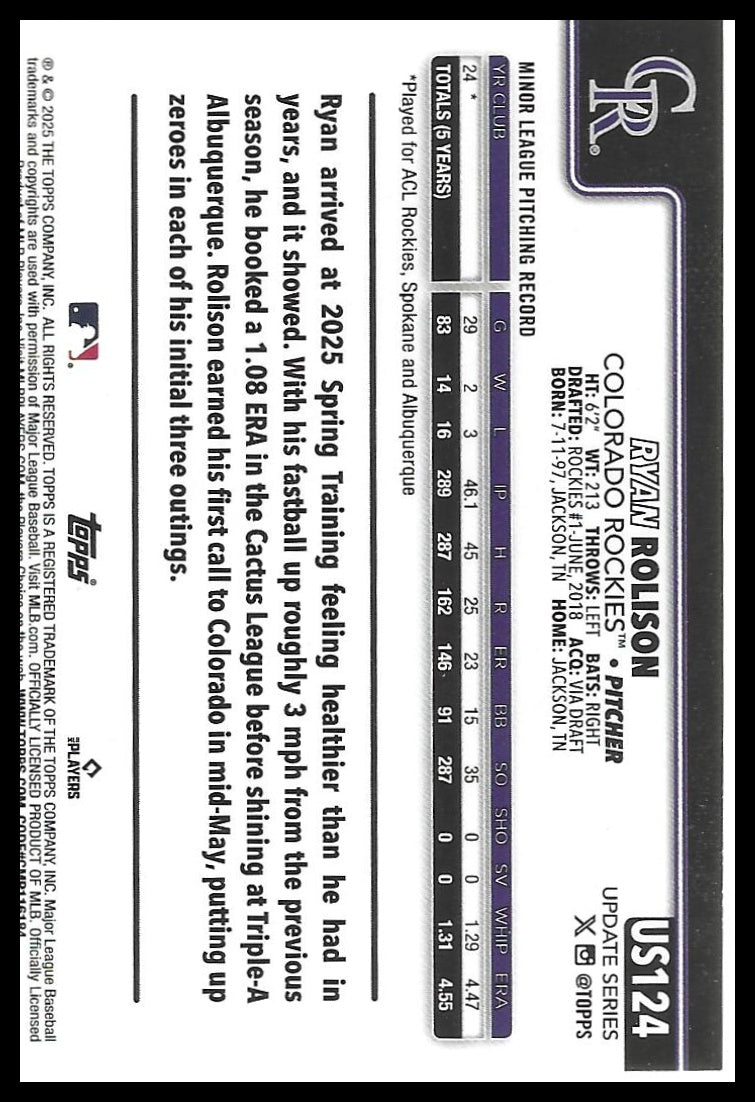 2025 Topps Update #US124 Ryan Rolison Diamante Foil
