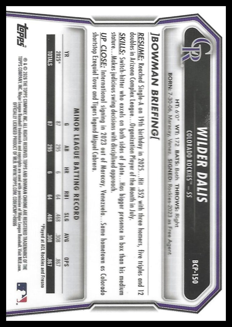 2026 Bowman #BCP-150 Wilder Dalis Chrome Prospects Mojo Refractor