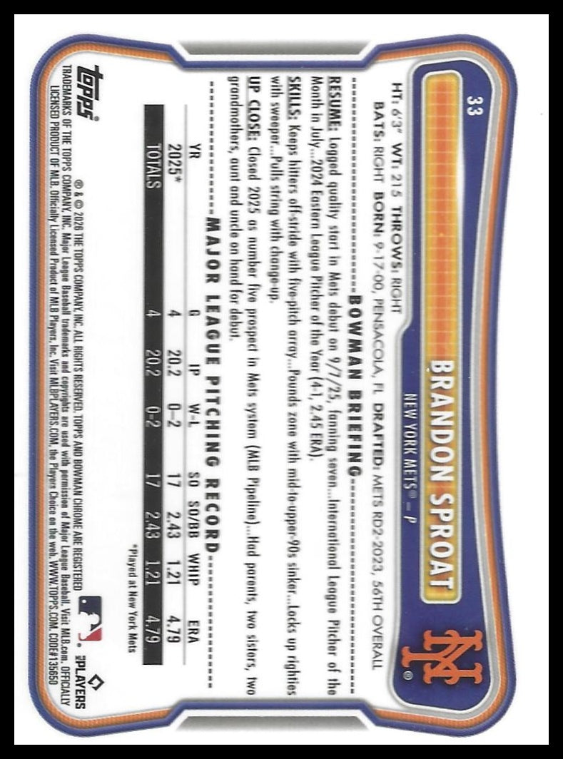 2026 Bowman #33 Brandon Sproat Rookie Red RC Logo
