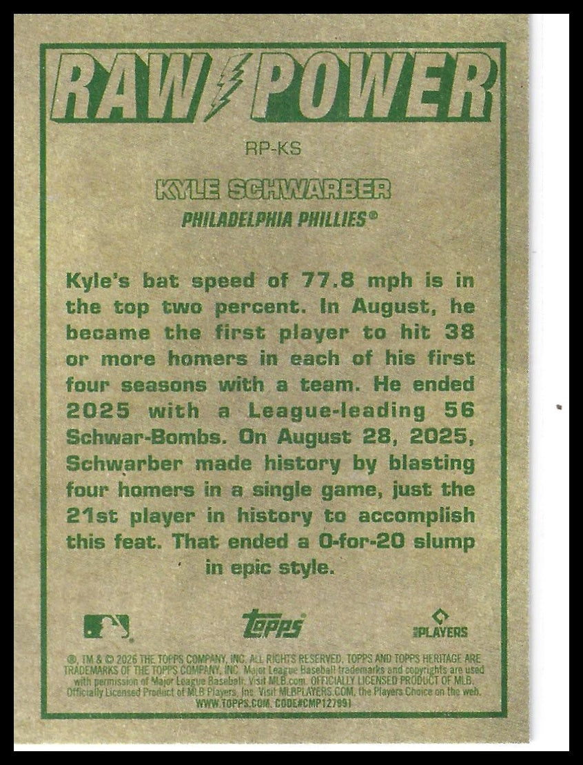 2026 Topps Heritage #RP-KS Kyle Schwarber Raw Power