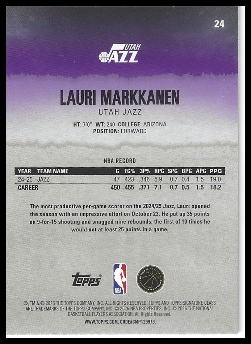 2025-26 Topps Signature Class #24 Lauri Markkanen Bronze
