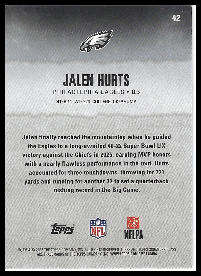 2025 Topps Signature Class #42 Jalen Hurts Blue & Yellow