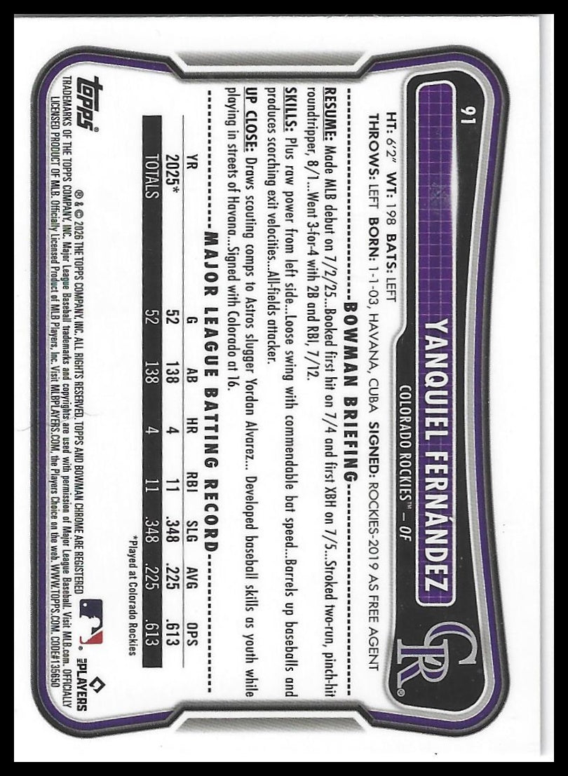 2026 Bowman #91 Yanquiel Fernández Rookie Red RC Logo