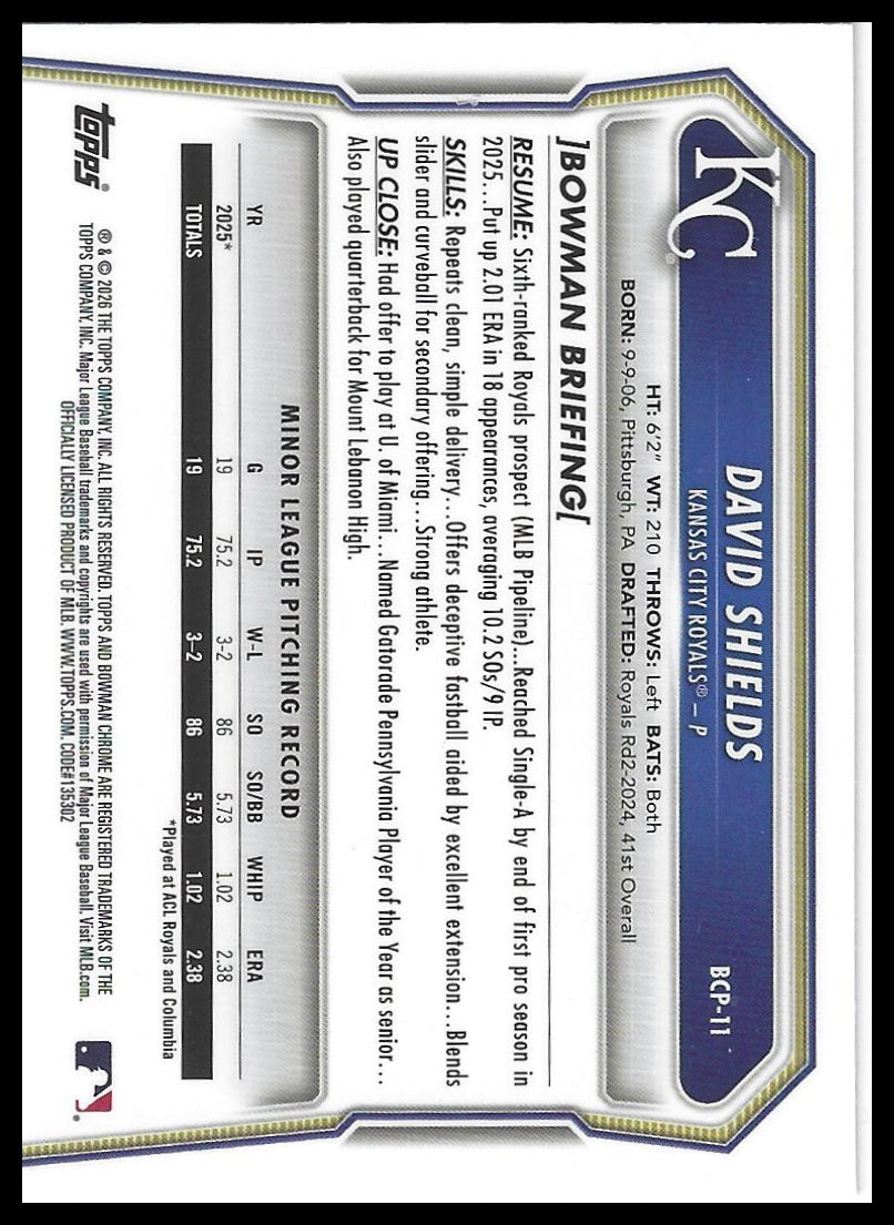 2026 Bowman #BCP-11 David Shields Chrome Prospects
