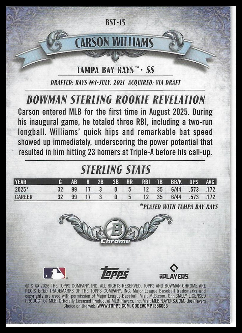 2026 Bowman #BST-15 Carson Williams Bowman Sterling Mojo Refractors