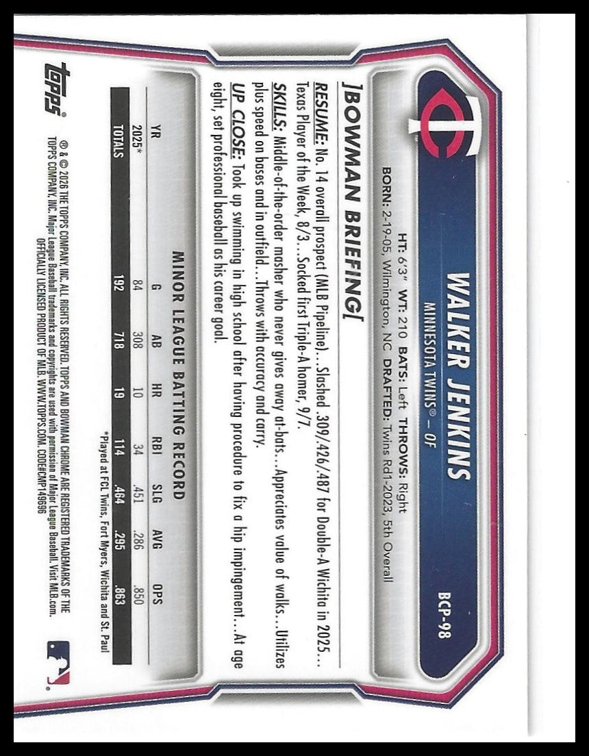2026 Bowman #BCP-98 Walker Jenkins Chrome Prospects Mojo Refractor