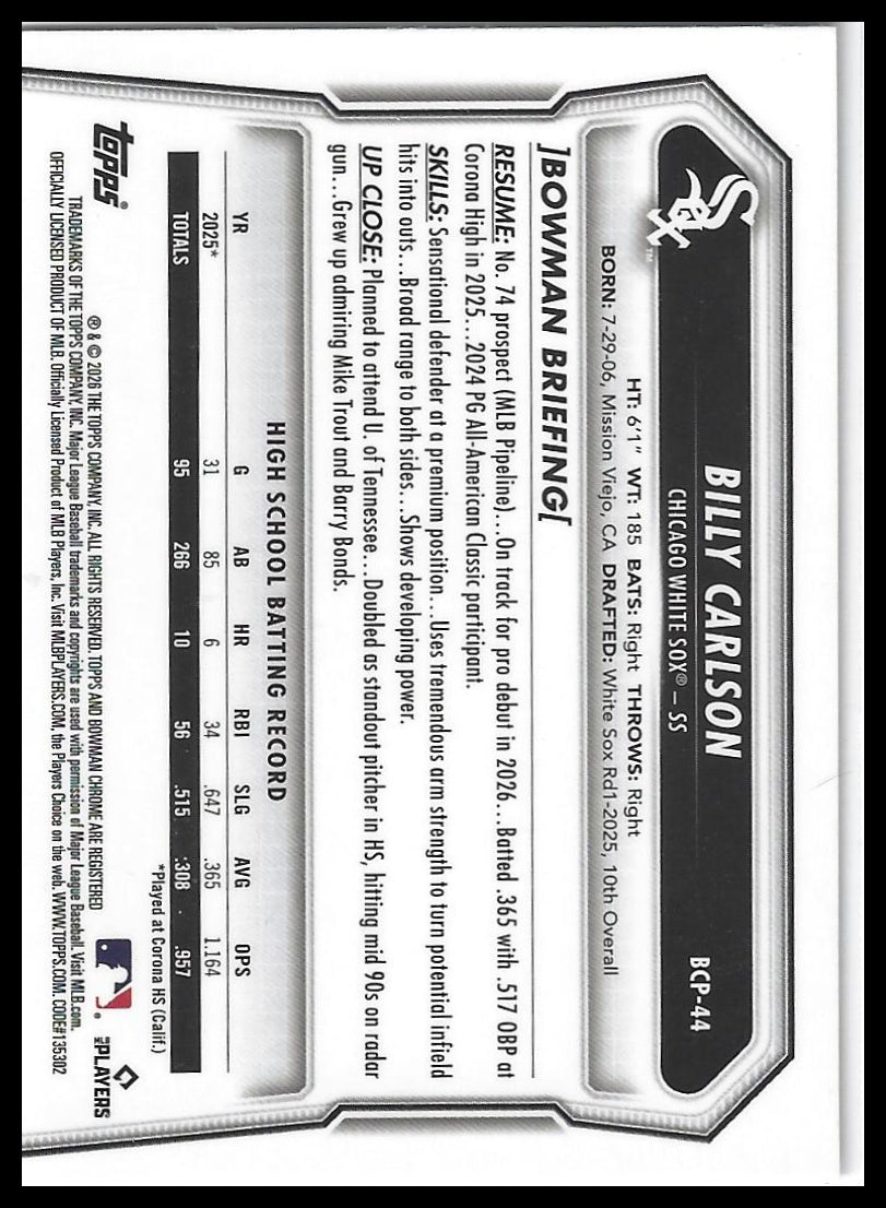 2026 Bowman #BCP-44 Billy Carlson Chrome Prospects