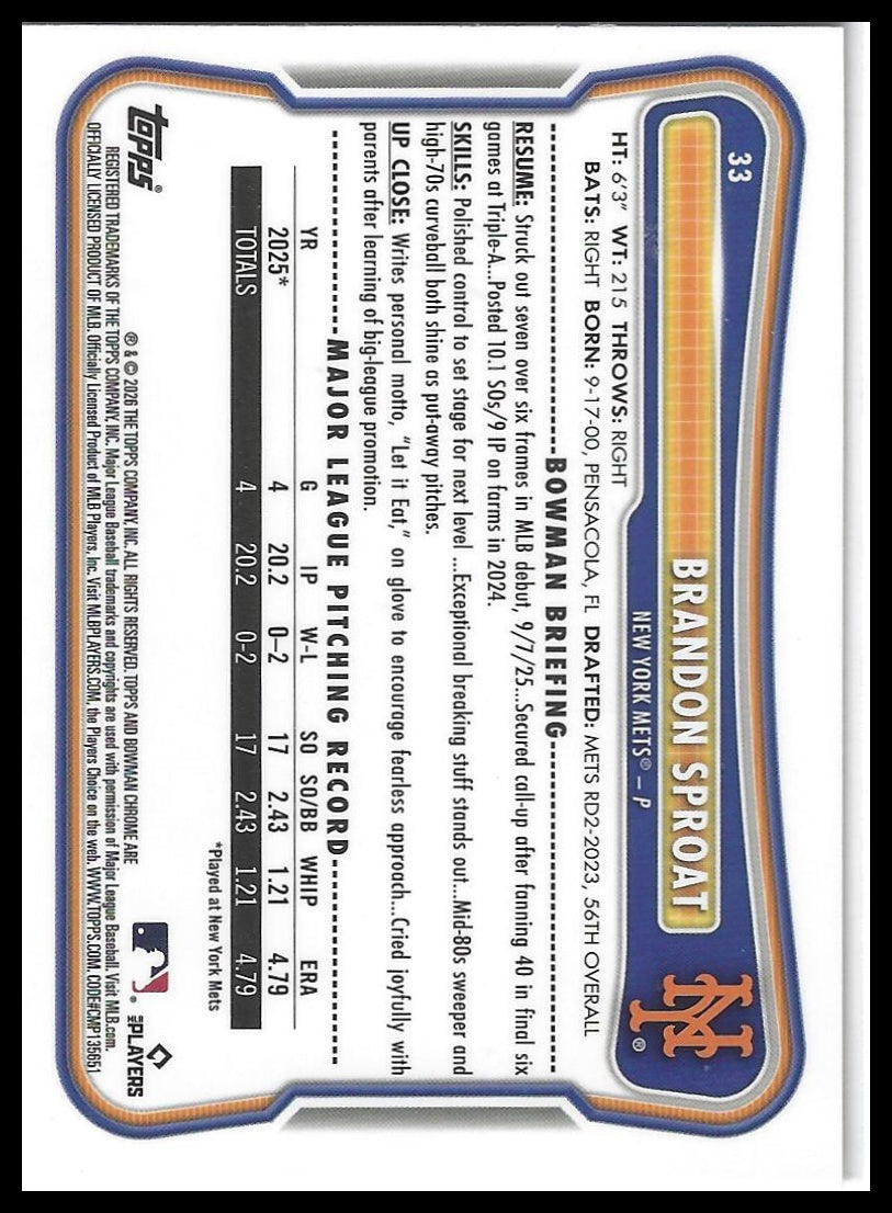 2026 Bowman #33 Brandon Sproat Chrome Mojo Refractors