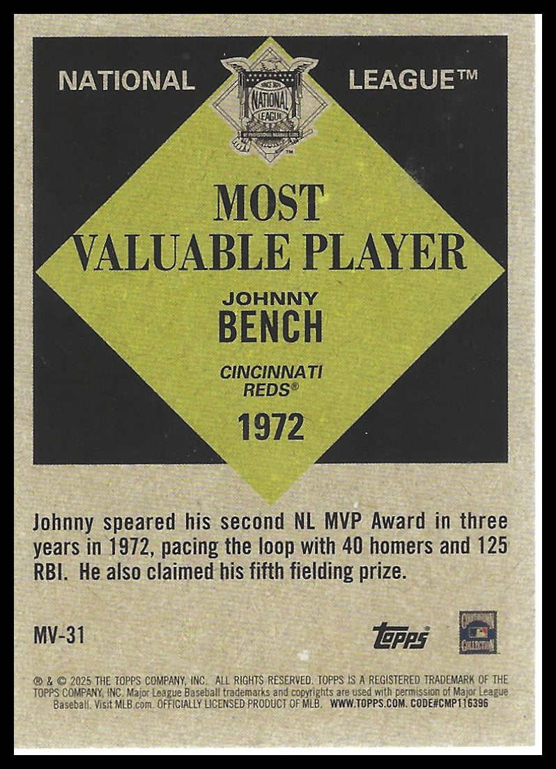 2025 Topps Update #MV-31 Johnny Bench Most Valuable