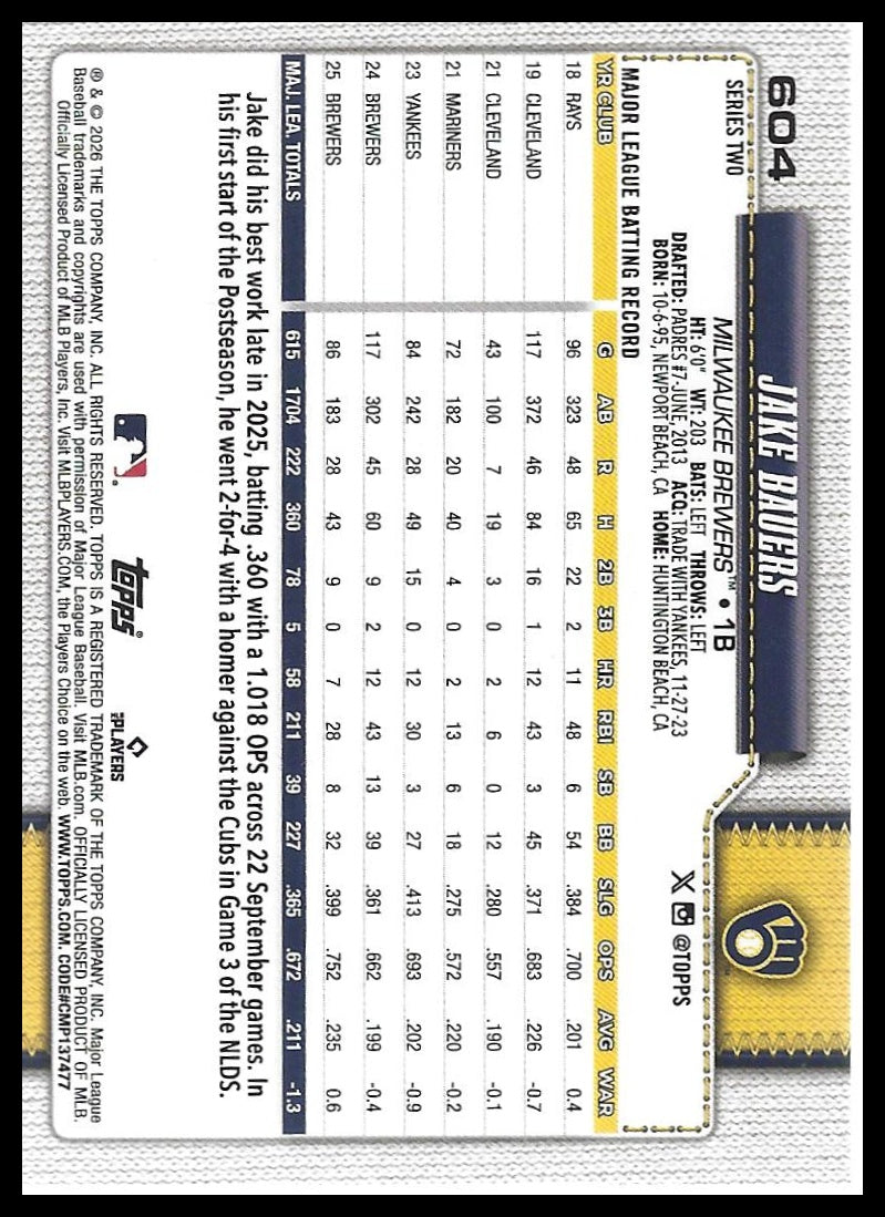 2026 Topps #604 Jake Bauers Silver Crackle Foil