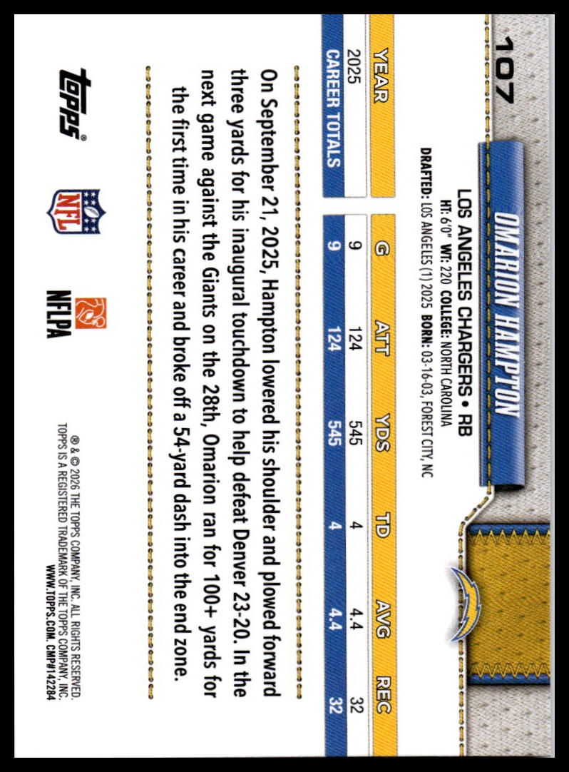 2026 Topps Flagship #107 Omarion Hampton Rainbow Foil