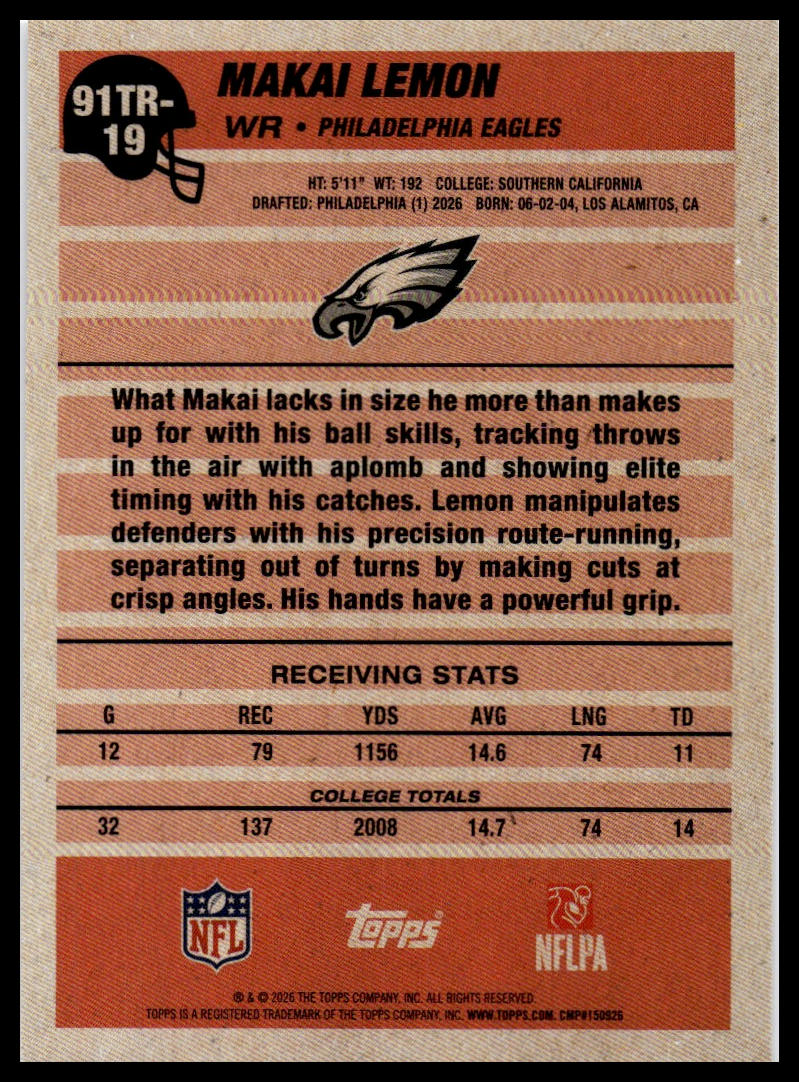 2026 Topps Flagship #91TR-19 Makai Lemon 1991 Topps Football Rookies