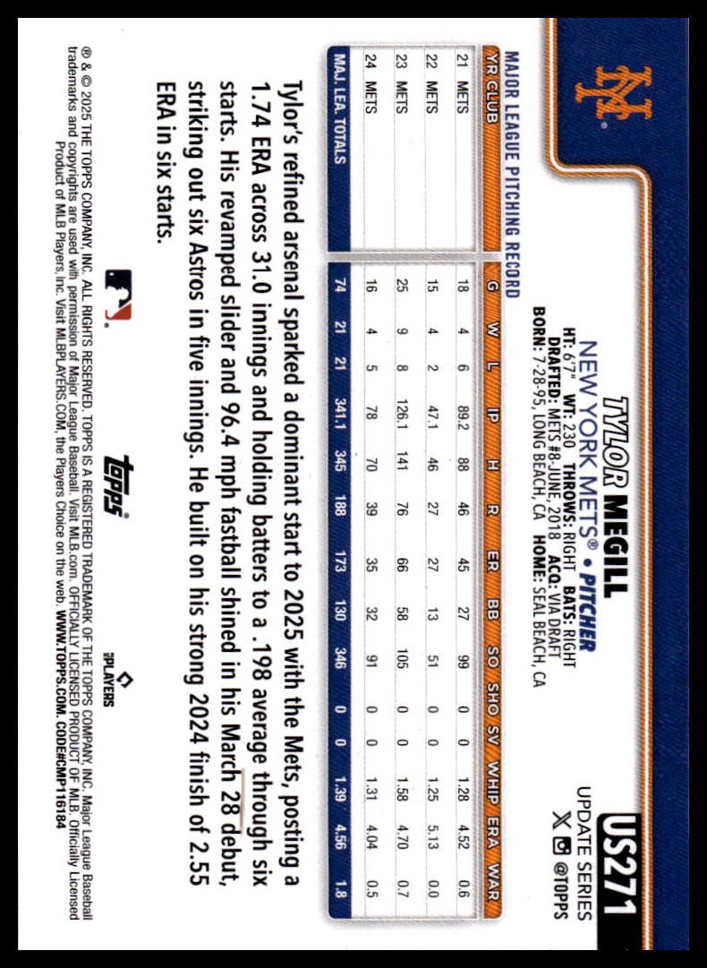 2025 Topps Update #US271 Tylor Megill Yellow