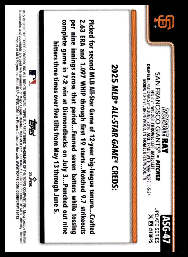 2025 Topps Update #ASG-47 Robbie Ray 2025 All-Star Game