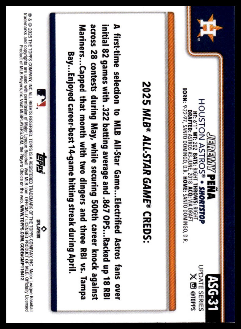 2025 Topps Update #ASG-31 Jeremy Peña 2025 All-Star Game