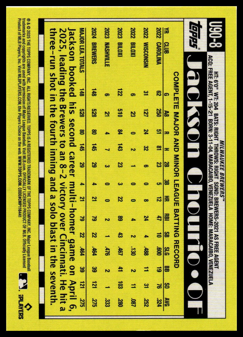 2025 Topps Update #U90-8 Jackson Chourio 1990 Topps Baseball 35th Anniversary
