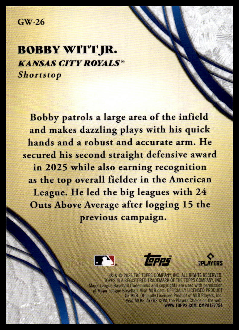 2026 Topps #GW-26 Bobby Witt Jr. Glove Work