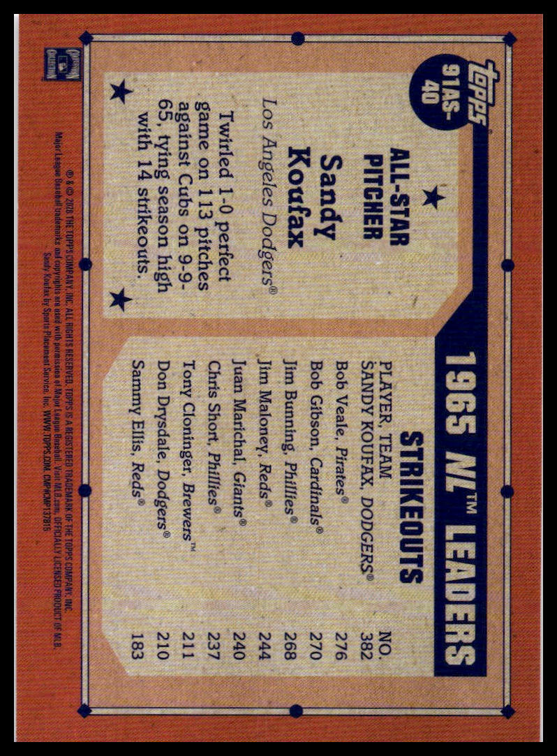 2026 Topps #91AS-40 Sandy Koufax 1991 Topps Baseball 35th Anniversary All-Stars