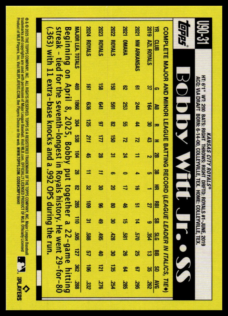 2025 Topps Update #U90-31 Bobby Witt Jr. 1990 Topps Baseball 35th Anniversary