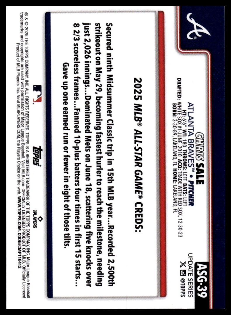 2025 Topps Update #ASG-39 Chris Sale 2025 All-Star Game