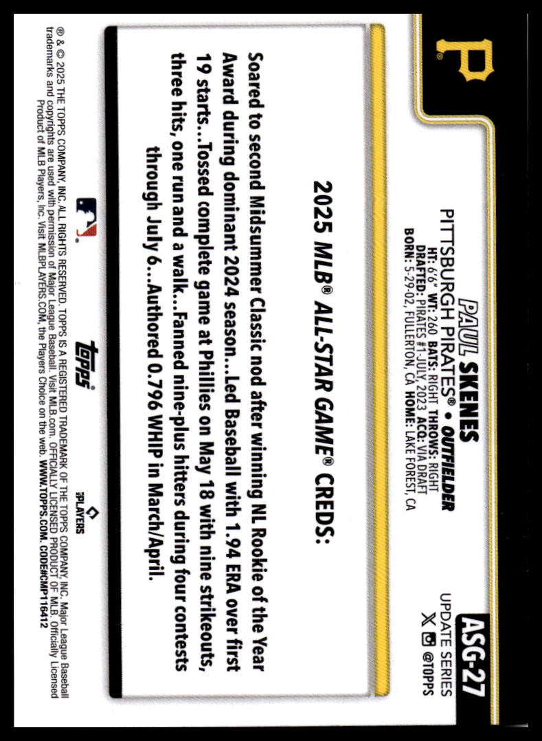2025 Topps Update #ASG-27 Paul Skenes 2025 All-Star Game