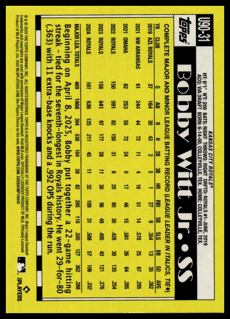 2025 Topps Update #U90-31 Bobby Witt Jr. 1990 Topps Baseball 35th Anniversary