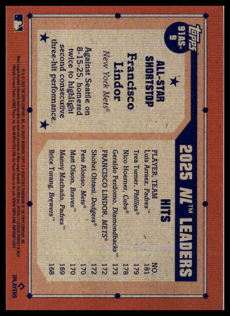 2026 Topps #91AS-9 Francisco Lindor 1991 All-Stars