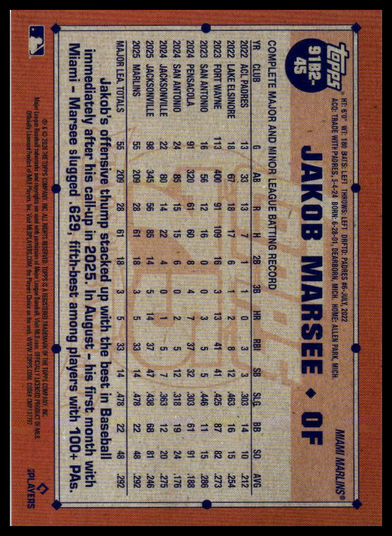 2026 Topps #91B2-45 Jakob Marsee 1991 (Series Two)