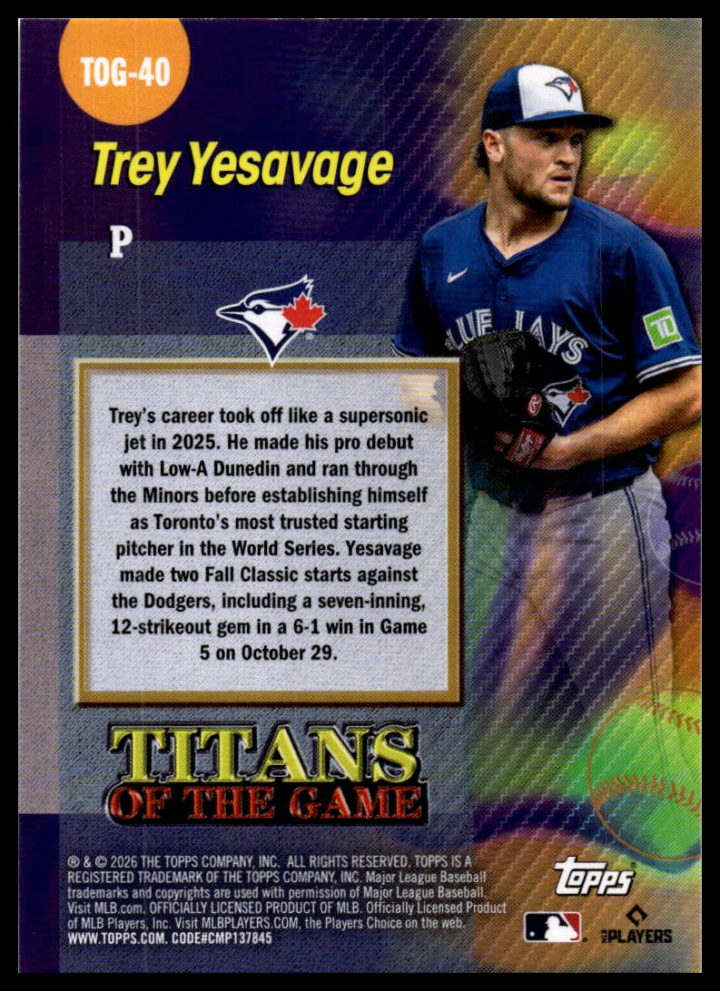 2026 Topps #TOG-40 Trey Yesavage Titans of the Game
