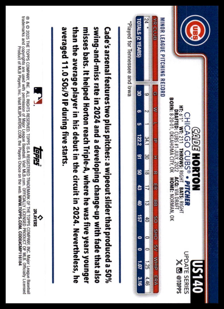 2025 Topps Update #US140 Cade Horton Yellow