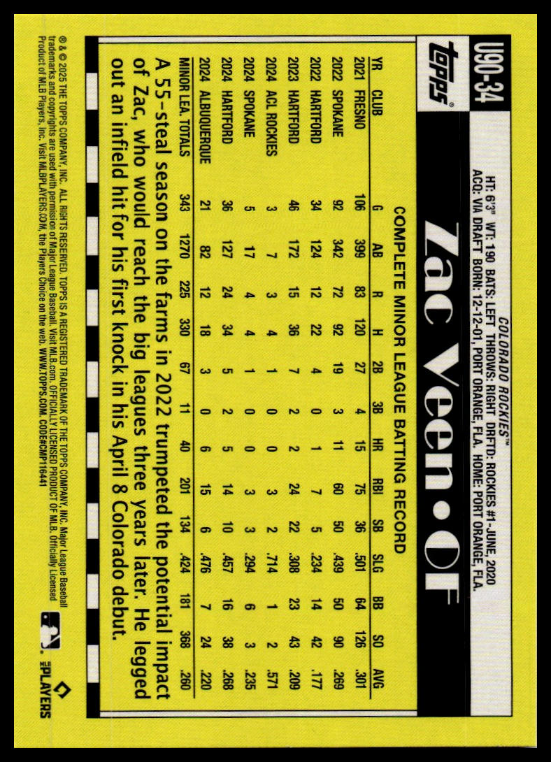 2025 Topps Update #U90-34 Zac Veen 1990 Topps Baseball 35th Anniversary